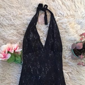 Layered black lace halter dress